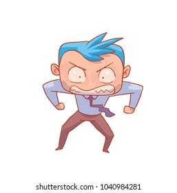 Vector cartoon image of a funny man-office worker with blue hair in black trousers and a white shirt very angry standing on a white background. Business, businessman, finance.