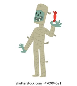 Vector cartoon image of funny mummy in white bandages standing with a red candy in hand on a white background. Halloween. Vector illustration.