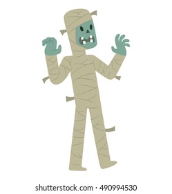 Vector cartoon image of funny mummy in white bandages standing and frightening someone on a white background. Halloween. Vector illustration.