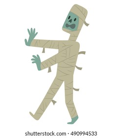 Vector cartoon image of funny mummy in white bandages walking somewhere on a white background. Halloween. Vector illustration.