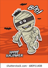 Vector cartoon image of funny mummy in white bandages walking