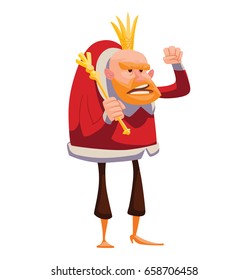 Vector cartoon image of a funny old bald hunched king with a ginger beard in a red royal robe with a golden crown on his head and a gold scepter in his hand standing on a white background.