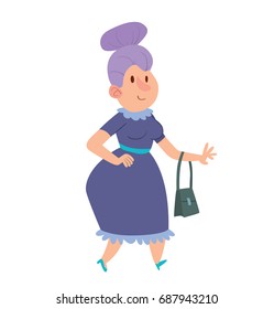 Vector cartoon image of a funny old woman with purple hair in a blue dress walking somewhere with a handbag in her hand and smiling on a white background. Retired, elderly. Vector illustration.