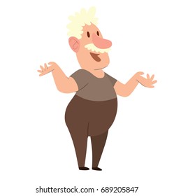 Vector cartoon image of a funny old man with curly gray hair and mustache  in brown pants and dark gray t-shirt standing and smiling on a white background. Retired, elderly. Vector illustration.