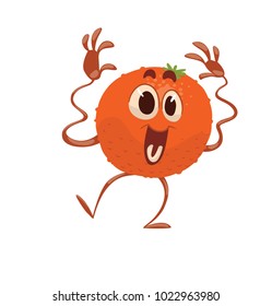 Vector cartoon image of a funny orange standing with a happy expression on its face on a white background. Emotions, emoji, character. Vector illustration.