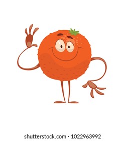 Vector cartoon image of a funny orange standing, waving its hand and smiling on a white background. Emotions, emoji, character. Vector illustration.