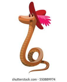 Vector cartoon image of a funny orange snake with red hat with pink feather on her head smiling on a white background. Vector illustration.
