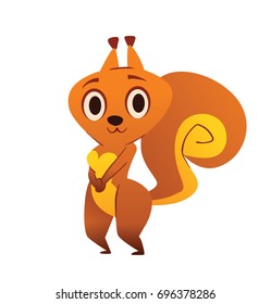 Vector cartoon image of a funny orange squirrel with a big fluffy tail, standing and smiling on a white background. Animal, forest, positive character. Vector illustration.