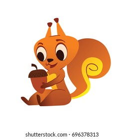 Vector cartoon image of a funny orange squirrel with a big fluffy tail sitting with a brown hazelnut in paws and smiling on a white background. Animal, forest, positive character. Vector illustration.