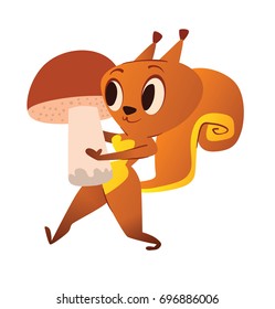 Vector cartoon image of a funny orange squirrel with a big fluffy tail walking with a big mushroom in paws and smiling on a white background. Animal, forest, positive character. Vector illustration.