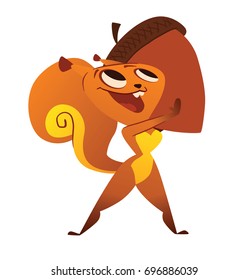 Vector cartoon image of a funny orange squirrel with a big fluffy tail standing with big hazelnut in her paw and smiling on a white background. Animal, forest, positive character. Vector illustration.