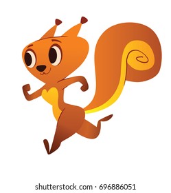 Vector cartoon image of a funny orange squirrel with a big fluffy tail running somewhere and smiling on a white background. Animal, forest, positive character. Vector illustration.
