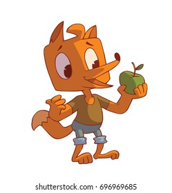 Vector cartoon image of a funny orange male fox in blue shorts and a brown T-shirt standing with a green apple in his paw and smiling on a white background. Animal, forest, positive character. 