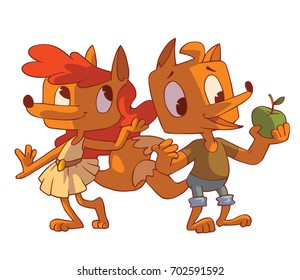 Vector cartoon image of a funny orange female fox with long red hair in a white dress and funny orange male fox in blue shorts and brown T-shirt on white background. Animal, forest, positive character