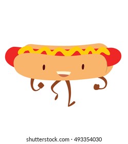 Vector cartoon image of funny orange-red hot dog with yellow mustard on top, walking and smiling on a white background. Snack, lunch, street food. Vector illustration.
