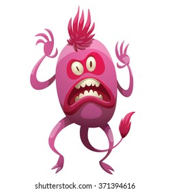 Vector cartoon image of funny oval pink monster with two eyes, one mouth, two arms and two legs, with pink tail and with forelock on his head on a white background. Halloween. Vector illustration.
