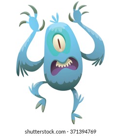 Vector cartoon image of funny oval light blue furry monster with one eye and a mouth, two arms and two legs with gray claws on a white background. Halloween. Vector illustration.