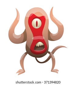 Vector cartoon image of a funny oval beige monster with red face with one eye and mouth with teeth, with two tentacles instead of arms and two legs on white background. Halloween. Vector illustration.