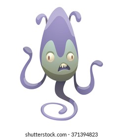 Vector cartoon image of funny pale lilac monster with two eyes and a mouth with teeth, two ears, two hands and one spiral leg on a white background. Halloween. Vector illustration.