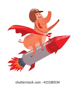 Vector cartoon image of a funny pink pig in a brown helmet and red cape flying astride a metal red-gray rocket on a white background. Cute pig with a long nose. Hand-drawing style. Vector illustration