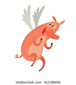 Vector cartoon image of a funny pink pig with white wings behind his back rejoicing that can fly on a white background. Cute pig with a long nose. Hand-drawing style. Vector illustration.