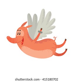 Vector cartoon image of a funny pink pig with white wings behind his back, flying and smiling on a white background. Cute pig with a long nose. Hand-drawing style. Vector illustration.