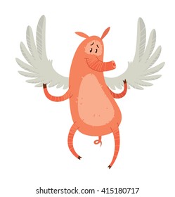 Vector cartoon image of a funny pink pig with white wings behind his back hanging in the air and smiling on a white background. Cute pig with a long nose. Hand-drawing style. Vector illustration.