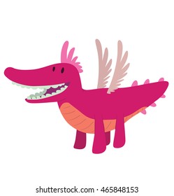 Vector cartoon image of a funny pink dragon with orange belly and small wings, flying and smiling on a white background. 