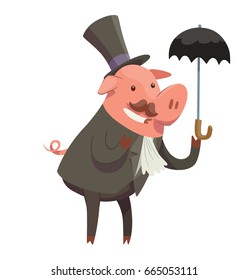 Vector cartoon image of a funny pink male pig-gentleman with a mustache in a black suit and a top hat with a black umbrella in his hoof smiling on a white background. Animal, farm, positive character.