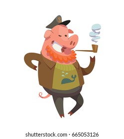 Vector cartoon image of a funny pink male pig-captain with a beard in black pants and a brown jacket, with a brown tube in his mouth smiling on a white background. Animal, farm, positive character.