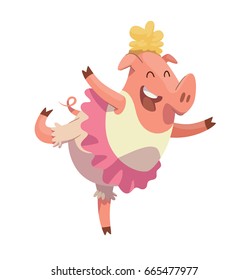 Vector cartoon image of a funny pink female pig-ballerina with blond curly hair in a pink and white ballet tutu, dancing and smiling on a white background. Animal, farm, positive character.