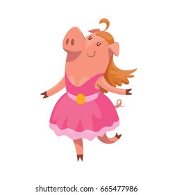 Vector cartoon image of a funny pink female teenage pig with a brown hair in a pink dress standing and smiling on a white background. Animal, farm, positive character.