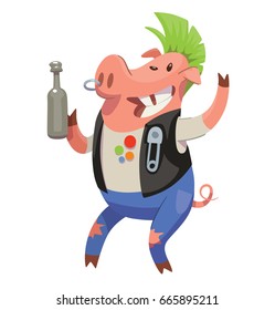 Vector cartoon image of a funny pink male pig-punk with green mohawk in blue ragged jeans and black vest with a bottle of beer in hoof, smiling on a white background. Animal, farm, positive character.
