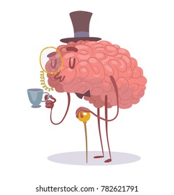 Vector cartoon image of a funny pink brain with arms and legs, in a hat, with a pince-nez standing with a mug of tea and cane in hands on a white background. Mind, business, education. 