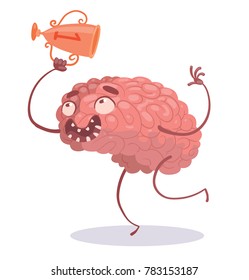 Vector cartoon image of a funny pink brain with arms and legs, standing with the cup for first place and rejoicing on a white background. Mind, business, education. Vector illustration.