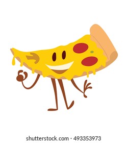 Vector cartoon image of a funny pizza slice with mushrooms, salami and cheese, standing and smiling on a white background. Snack, lunch, street food. Vector illustration.