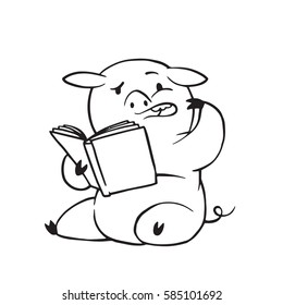 Vector cartoon image of a funny plump pig sitting with a book in her hoof on a white background. Made in monochrome style. Positive character, farm. Line art. Vector illustration.