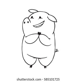 Vector cartoon image of a funny plump pig standing on her hind hooves and smiling on a white background. Made in monochrome style. Positive character, farm. Line art. Vector illustration.