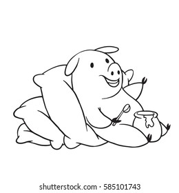 Vector cartoon image of a funny plump pig lying on pillows with a pot of honey in her hoof on a white background. Made in monochrome style. Positive character, farm. Line art. Vector illustration.