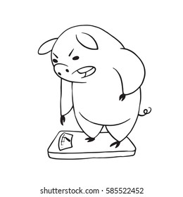 Vector cartoon image of a funny plump displeased pig standing on floor scales on a white background. Made in monochrome style. Positive character, farm. Line art. Vector illustration.