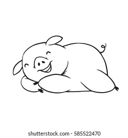 Vector cartoon image of a funny plump pig sleeping and dreaming about delicious food on a white background. Made in monochrome style. Positive character, farm. Line art. Vector illustration.