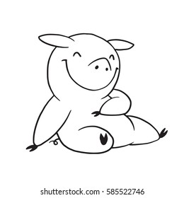 Vector cartoon image of a funny plump pig sitting and smiling on a white background. Made in monochrome style. Positive character, farm. Line art. Vector illustration.