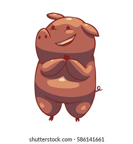 Vector cartoon image of a funny plump pink pig standing on her hind hooves and smiling on a white background. Color image. Positive character, farm. Vector illustration.