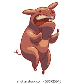 Vector cartoon image of a funny plump pink pig standing on her hind hooves and angrily shouting on a white background. Color image. Positive character, farm. Vector illustration.