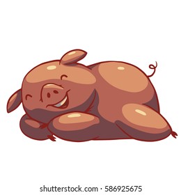 Vector cartoon image of a funny plump pink pig sleeping and dreaming about delicious food on a white background. Color image. Positive character, farm. Vector illustration.