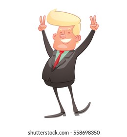 Vector cartoon image of a funny politician with blond hair in a black suit, green shirt and red tie, standing and showing signs of victory and smiling on a white background. Politics, business. 