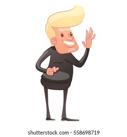 Vector cartoon image of a funny politician with blond hair in a black suit, standing, holding his fingers crossed behind his back and smiling on a white background. Politics, business. 