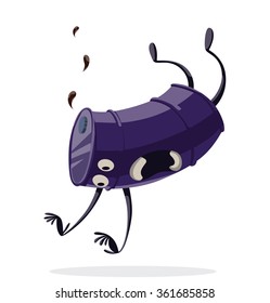 Vector cartoon image of funny purple barrel of black oil with arms and legs falling down with a cry on a white background. The theme of the fall of the price of a barrel of oil. Vector illustration.