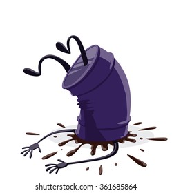 Vector cartoon image of funny purple barrel of black oil with arms and legs had fallen and crashed on white background. The theme of the fall of the price of a barrel of oil. Vector illustration.