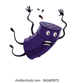 Vector cartoon image of a funny purple barrel of black oil with arms and legs flying down on a white background. The theme of the fall of the price of a barrel of oil. Vector illustration.